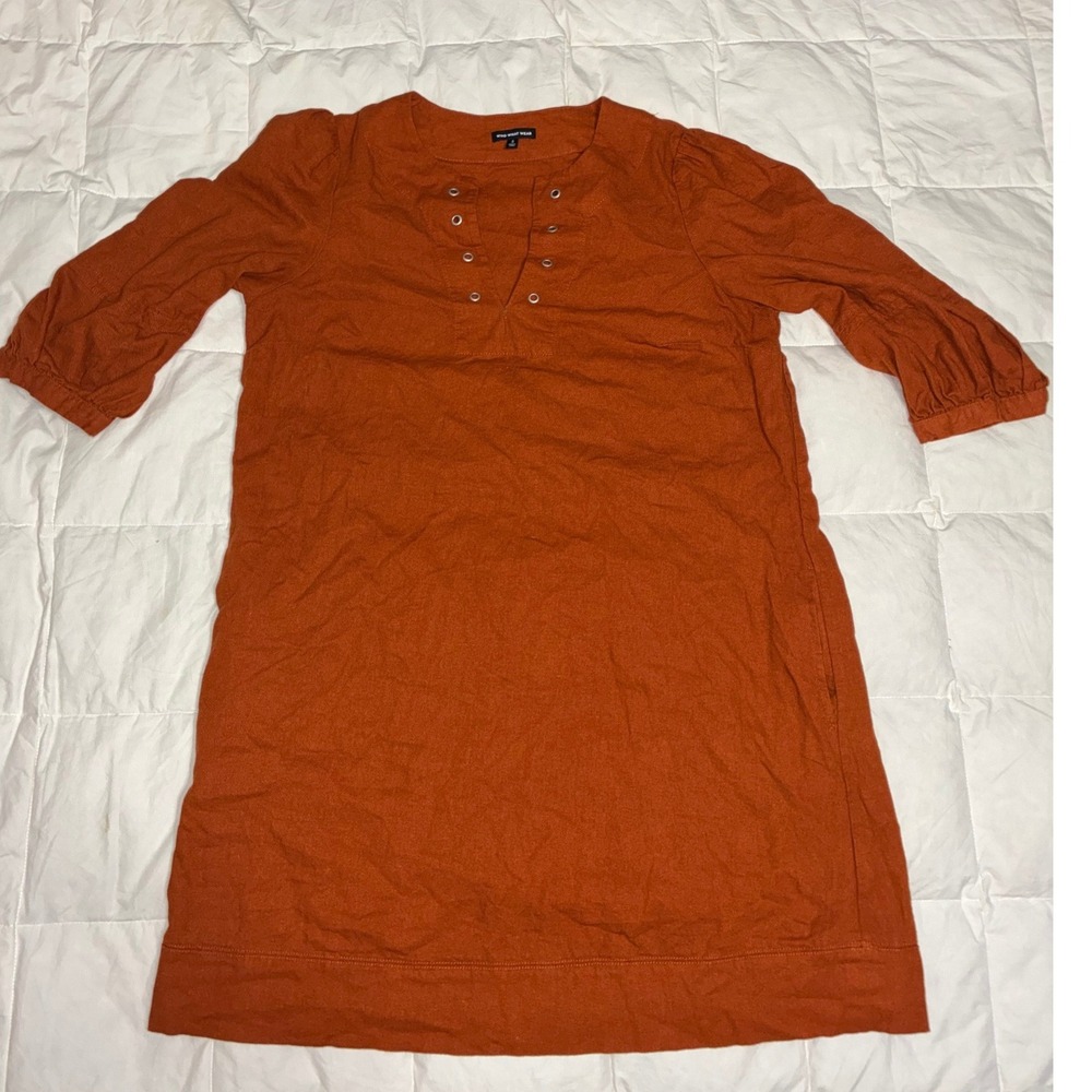 Who What Wear Women Rust Orange Grommet Neck Puff Sleeve Linen Blend Dress Small